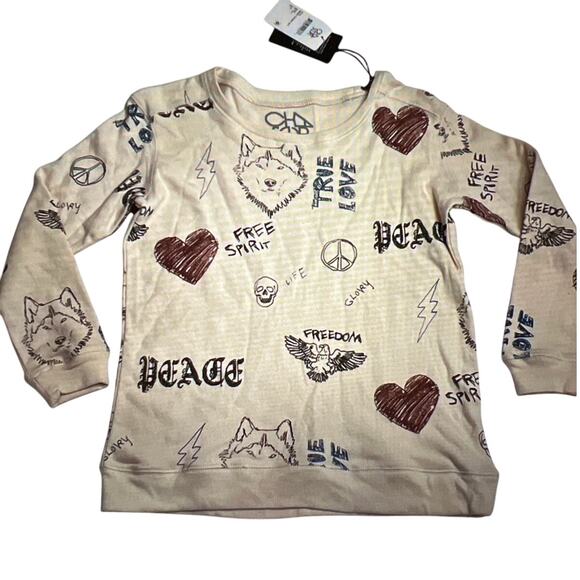 Chaser Revolve True Love Graphic Print Crew Au Lait Sz XS Wolves Hearts Boho NWT - Picture 2 of 8